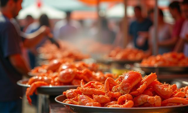 Crowd enjoying crab dishes at outdoor festival